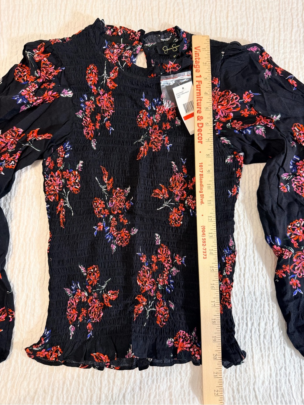 Jessica Simpson Black Floral Smocked Long-Sleeve Blouse - Picture 7 of 8
